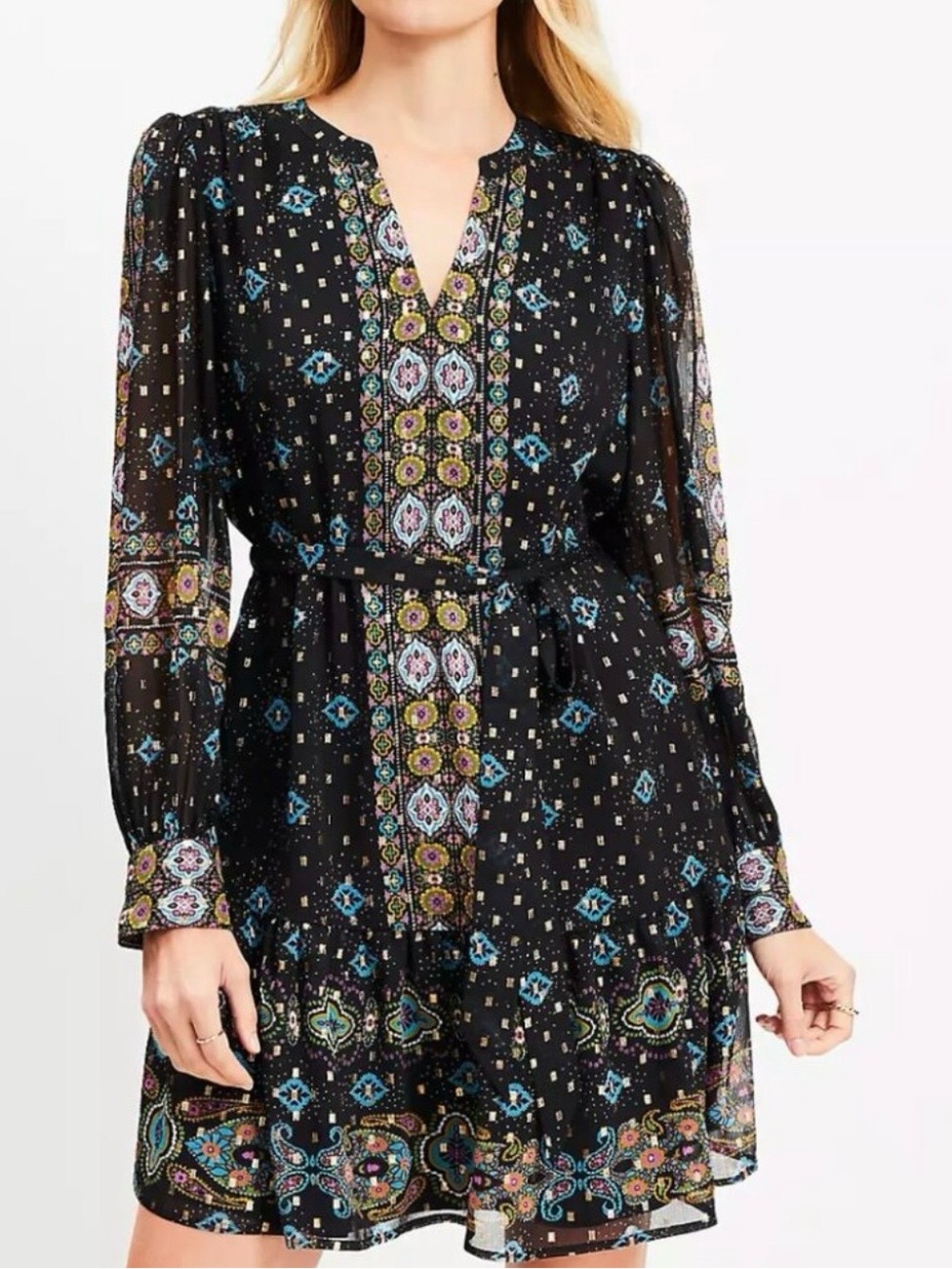 LOFT Black Printed Long-Sleeve Tiered Dress with Multicolor Medallion Print